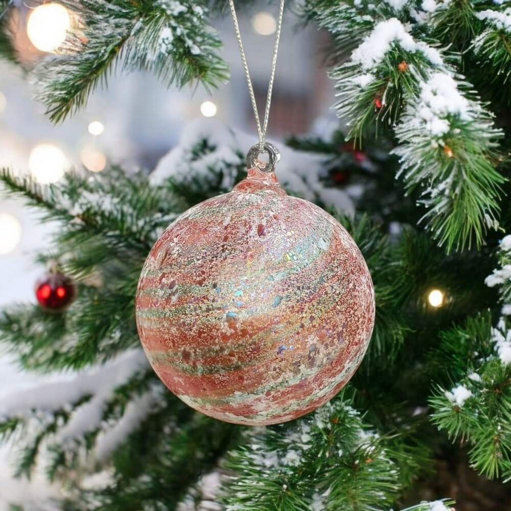VTG Crate & Barrel Swirl Ornament Blown Glass Christmas Frosted Pink Blue 3.5"